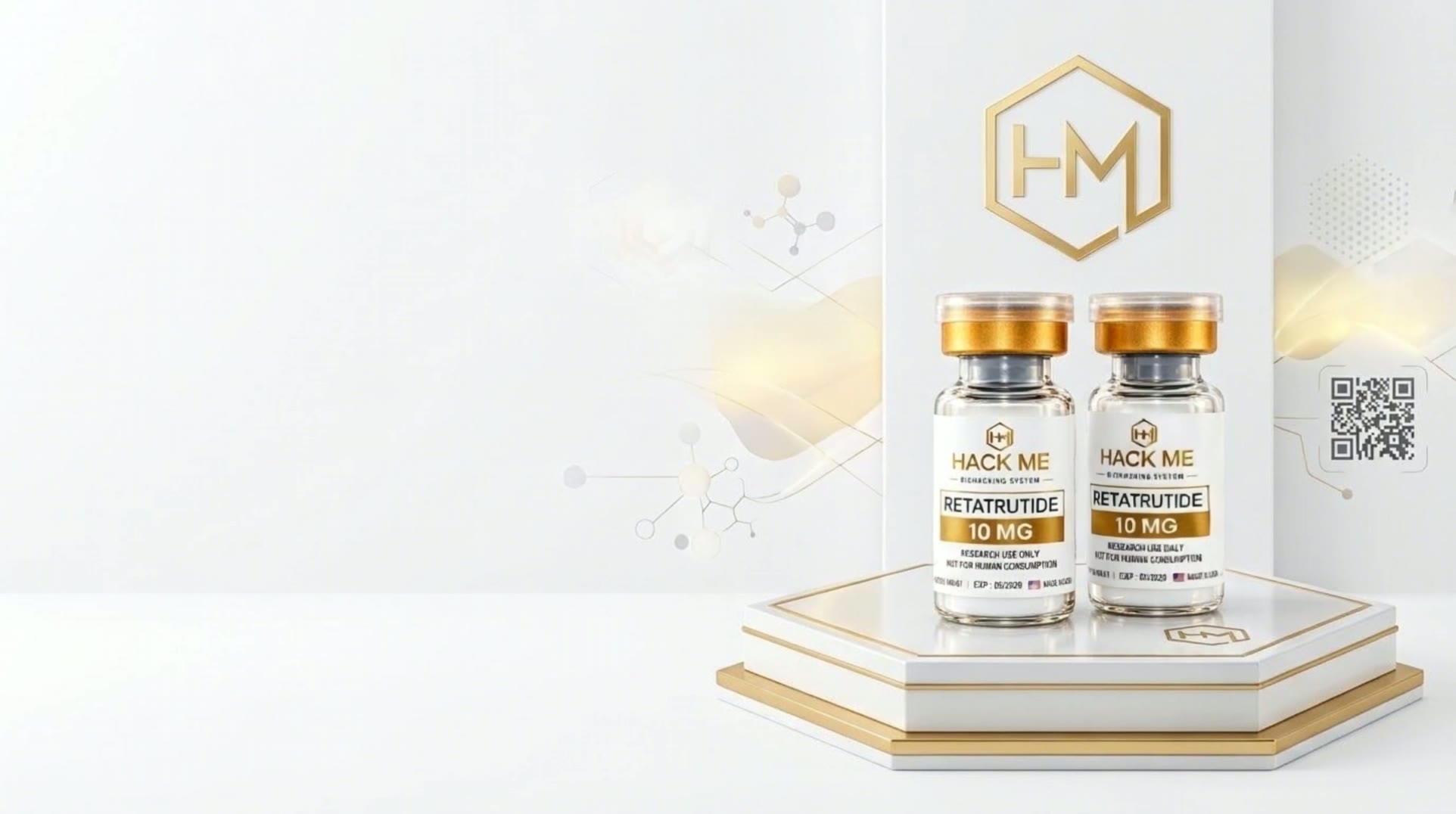 HACK ME research vials displayed beside the gold HM mark